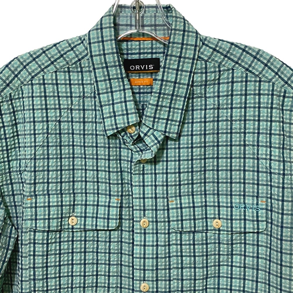 Orvis Active Fit Seersucker Short Sleeve Button Down Shirt Plaid L Southern Prep